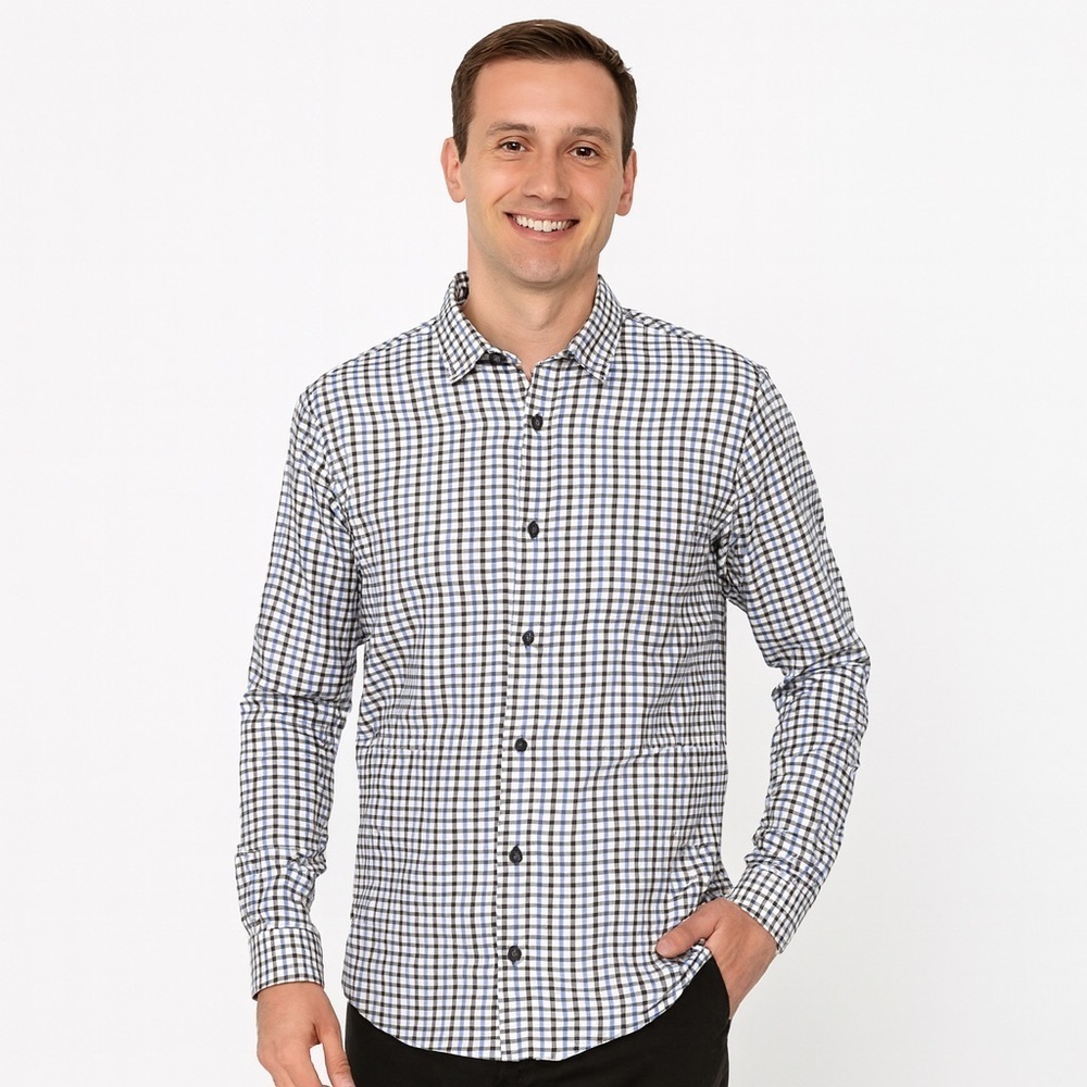 Berto Romini Men's Blue and White Checkered Shirt Size M